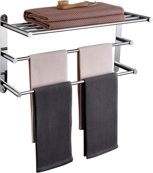 Double Towel Bar with Shelf Wall Mounted Bathroom Organizer Storage Rack - Polished Chrome