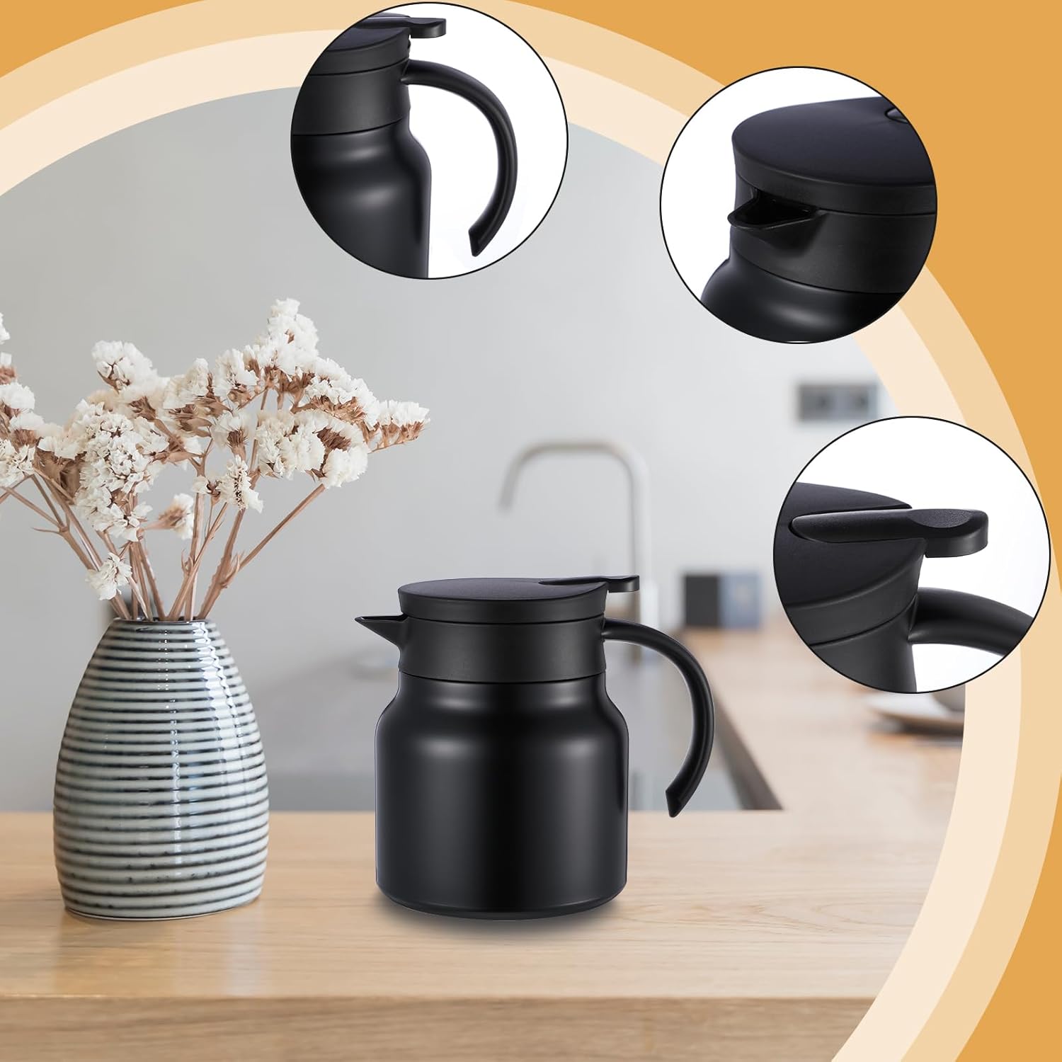 Double Wall Stainless Steel Thermal Coffee Carafe Set - Keeps Drinks Hot/Cold - Vacuum Insulated Teapot Dispenser - Great for Milk, Tea, Hot Chocolate - 2 Pack (Black, 27 oz)