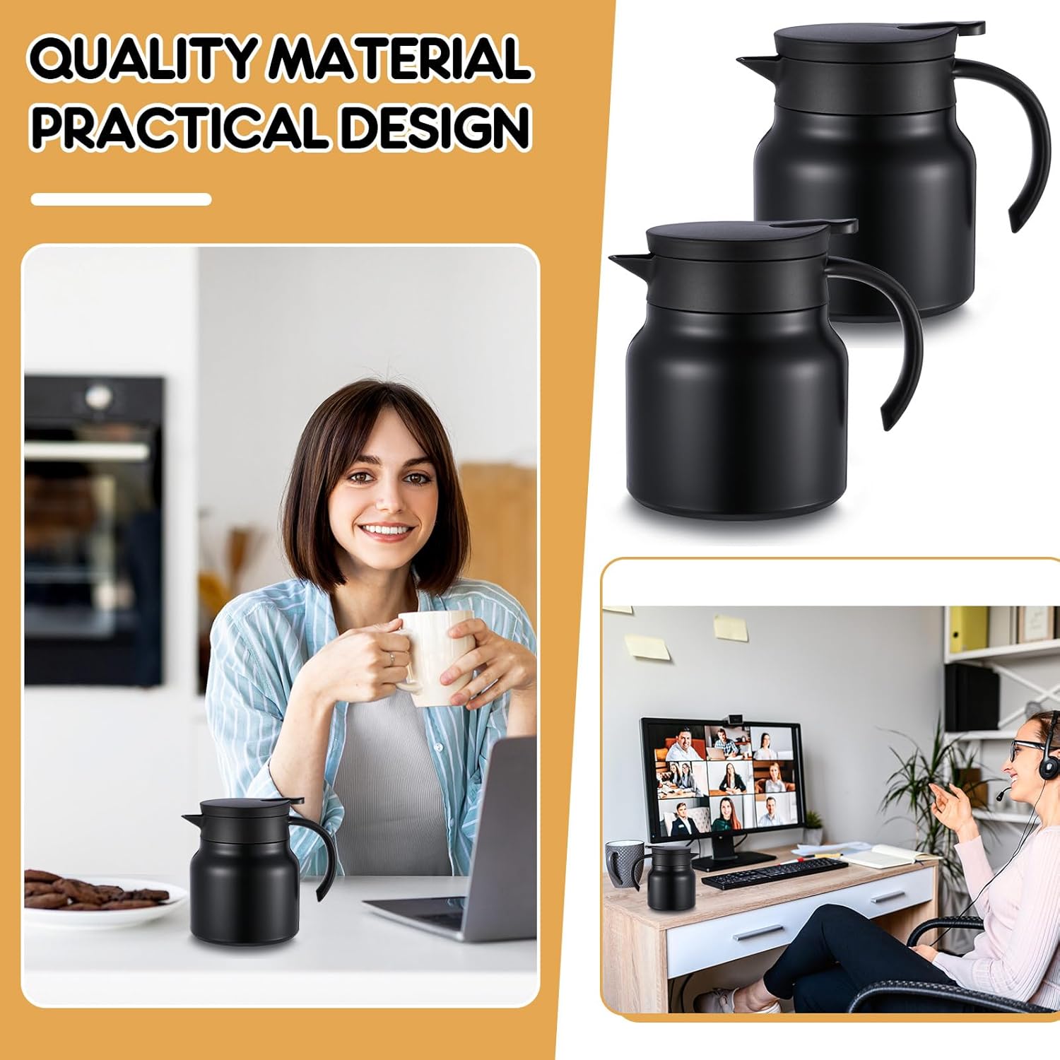 Double Wall Stainless Steel Thermal Coffee Carafe Set - Keeps Drinks Hot/Cold - Vacuum Insulated Teapot Dispenser - Great for Milk, Tea, Hot Chocolate - 2 Pack (Black, 27 oz)