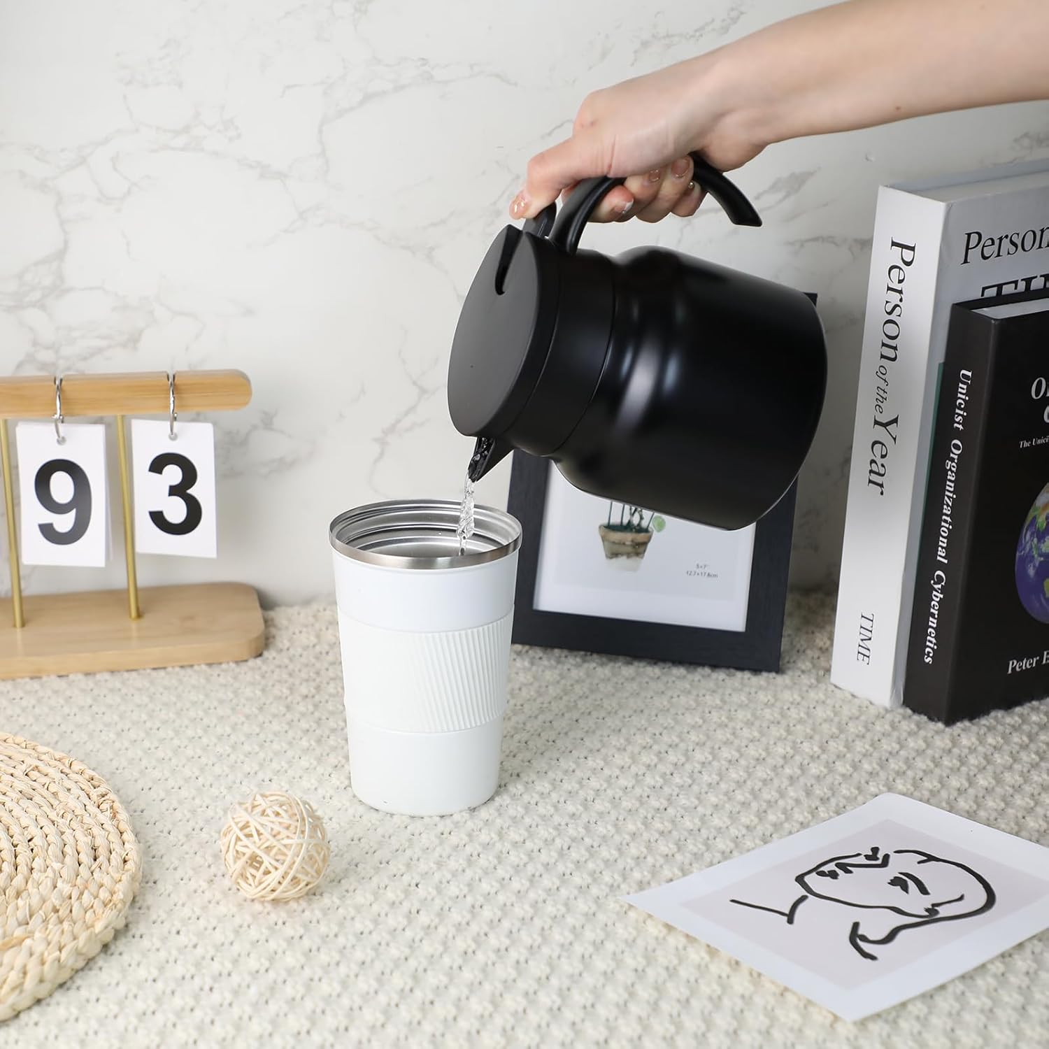 Double Wall Stainless Steel Thermal Coffee Carafe Set - Keeps Drinks Hot/Cold - Vacuum Insulated Teapot Dispenser - Great for Milk, Tea, Hot Chocolate - 2 Pack (Black, 27 oz)