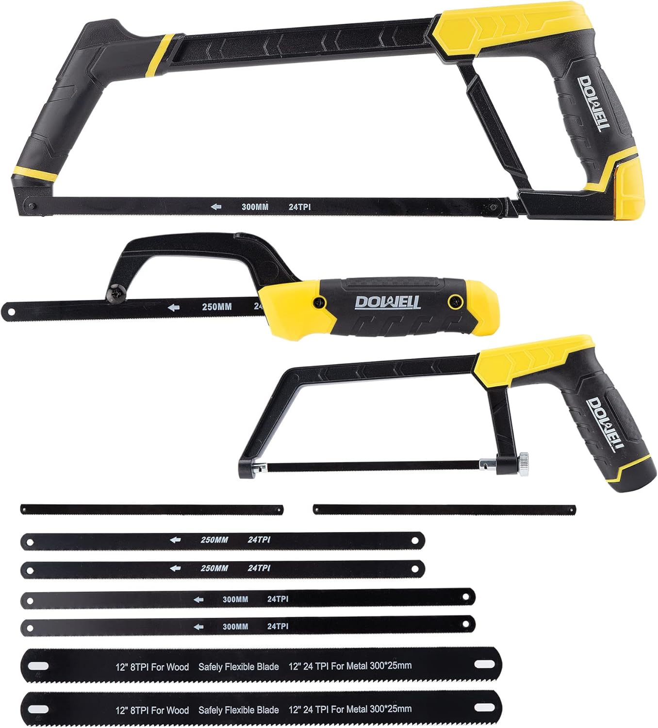 DOWELL Heavy Duty Hacksaw Frame Set with Blades - 12-inch, 10-inch, 6-inch Handsaw for Metal, Wood, PVC Pipes - Multi-function Hand Saw