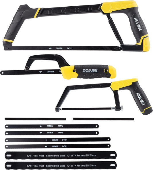 DOWELL Heavy Duty Hacksaw Frame Set with Blades - 12-inch, 10-inch, 6-inch Handsaw for Metal, Wood, PVC Pipes - Multi-function Hand Saw