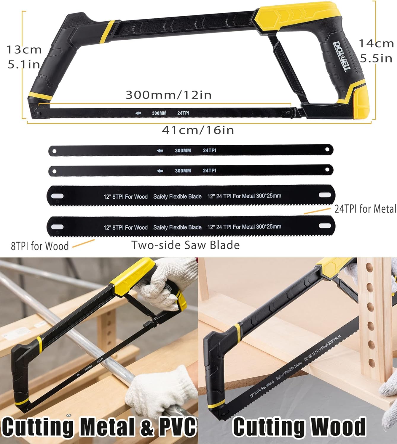 DOWELL Heavy Duty Hacksaw Frame Set with Blades - 12-inch, 10-inch, 6-inch Handsaw for Metal, Wood, PVC Pipes - Multi-function Hand Saw