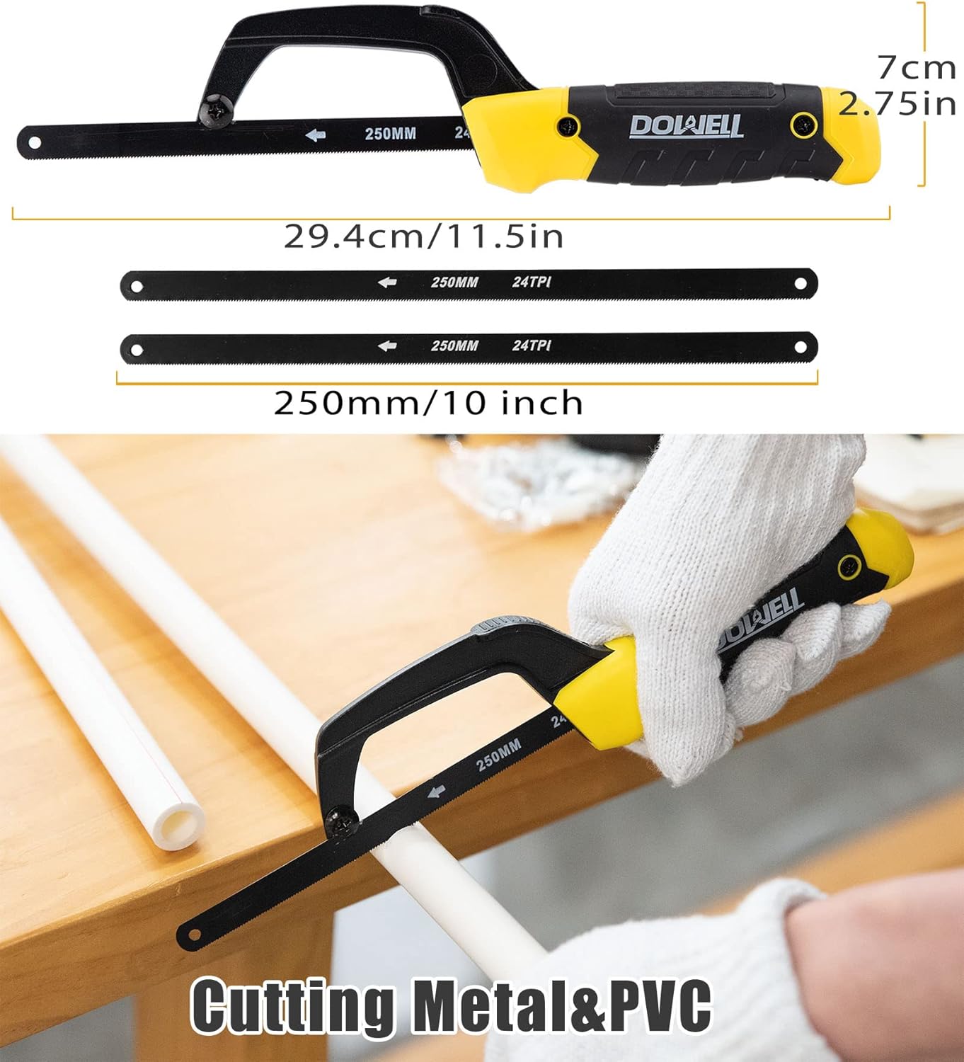 DOWELL Heavy Duty Hacksaw Frame Set with Blades - 12-inch, 10-inch, 6-inch Handsaw for Metal, Wood, PVC Pipes - Multi-function Hand Saw
