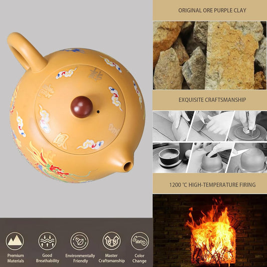 Dragon and Phoenix Color-changing Purple Clay Teapot - Hand-made Zisha Tea Pot for Chinese Kung Fu Tea Set, 7.3 oz - Perfect Gift for Tea Lovers