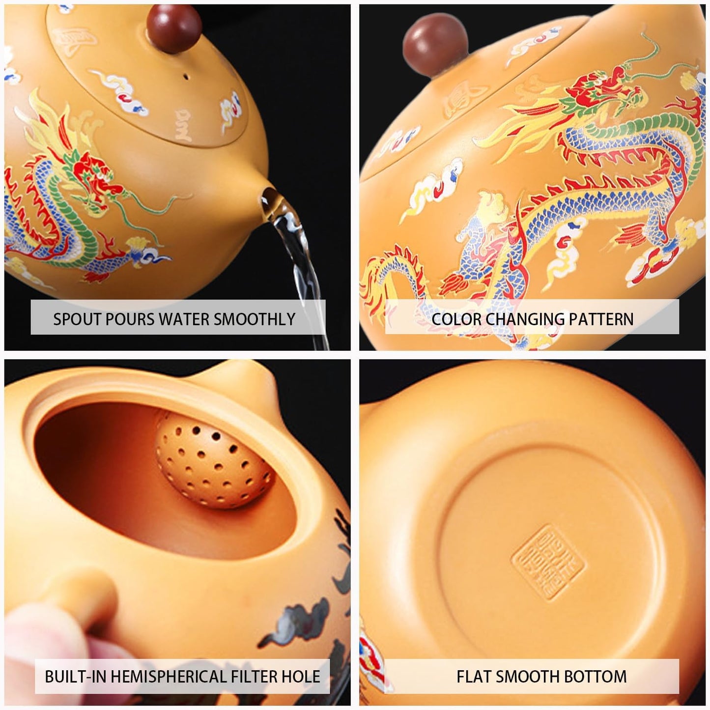 Dragon and Phoenix Color-changing Purple Clay Teapot - Hand-made Zisha Tea Pot for Chinese Kung Fu Tea Set, 7.3 oz - Perfect Gift for Tea Lovers