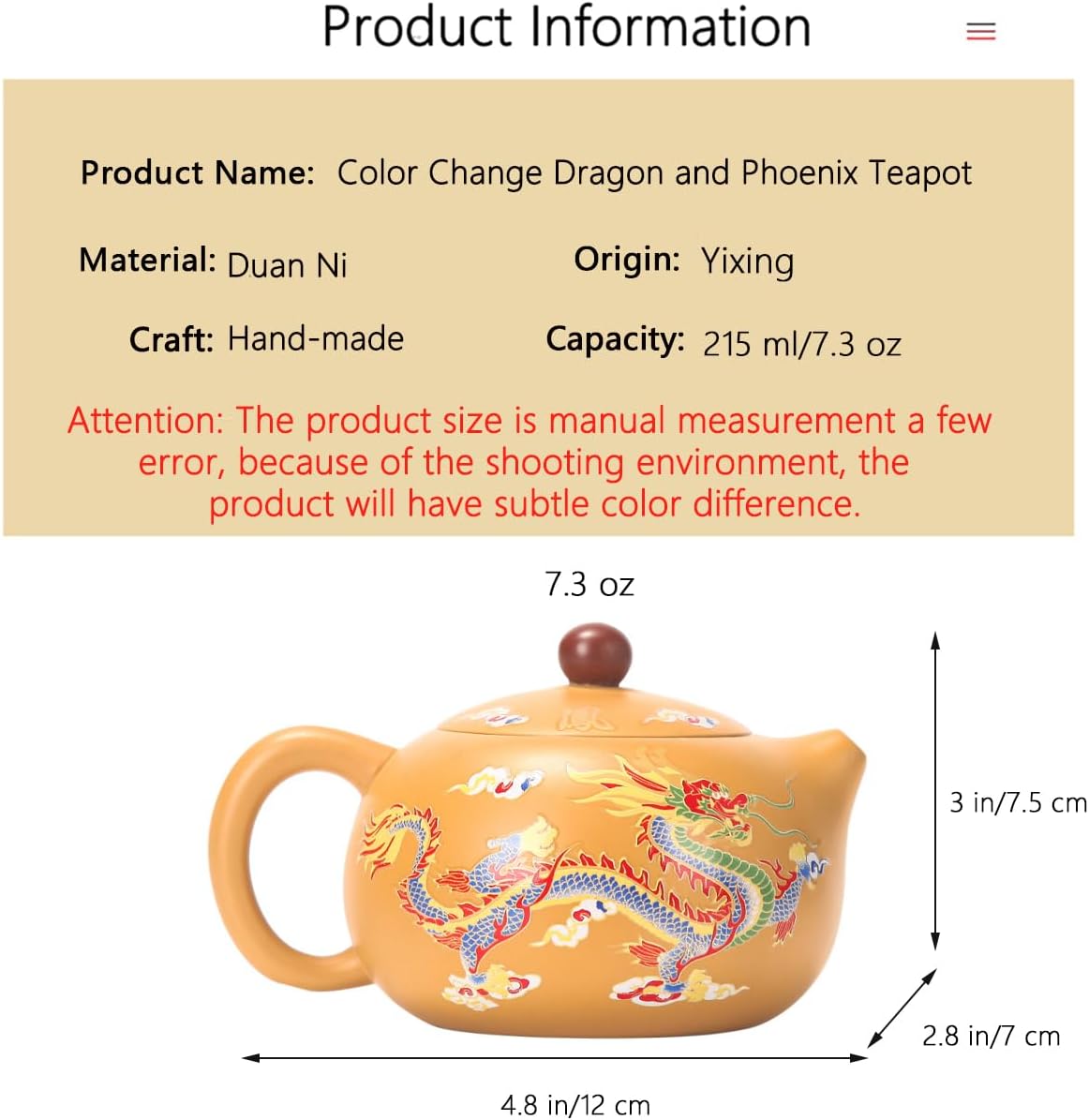 Dragon and Phoenix Color-changing Purple Clay Teapot - Hand-made Zisha Tea Pot for Chinese Kung Fu Tea Set, 7.3 oz - Perfect Gift for Tea Lovers