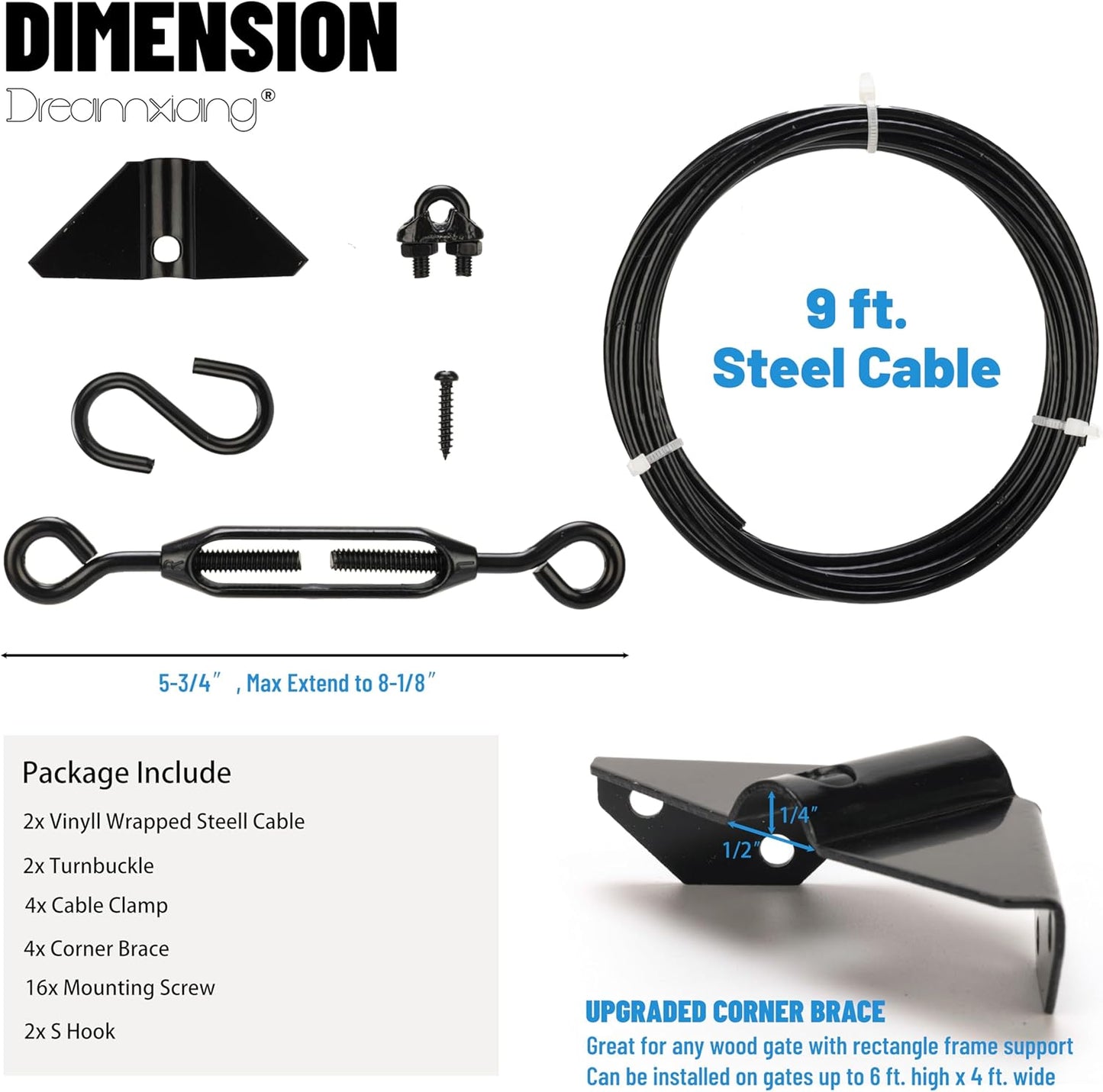 Dreamxiang Anti-Sagging Gate Support Cable Kit for Wooden Fence Gates - 2 Pack Black Steel Hardware Kit for Outdoor Door Repair