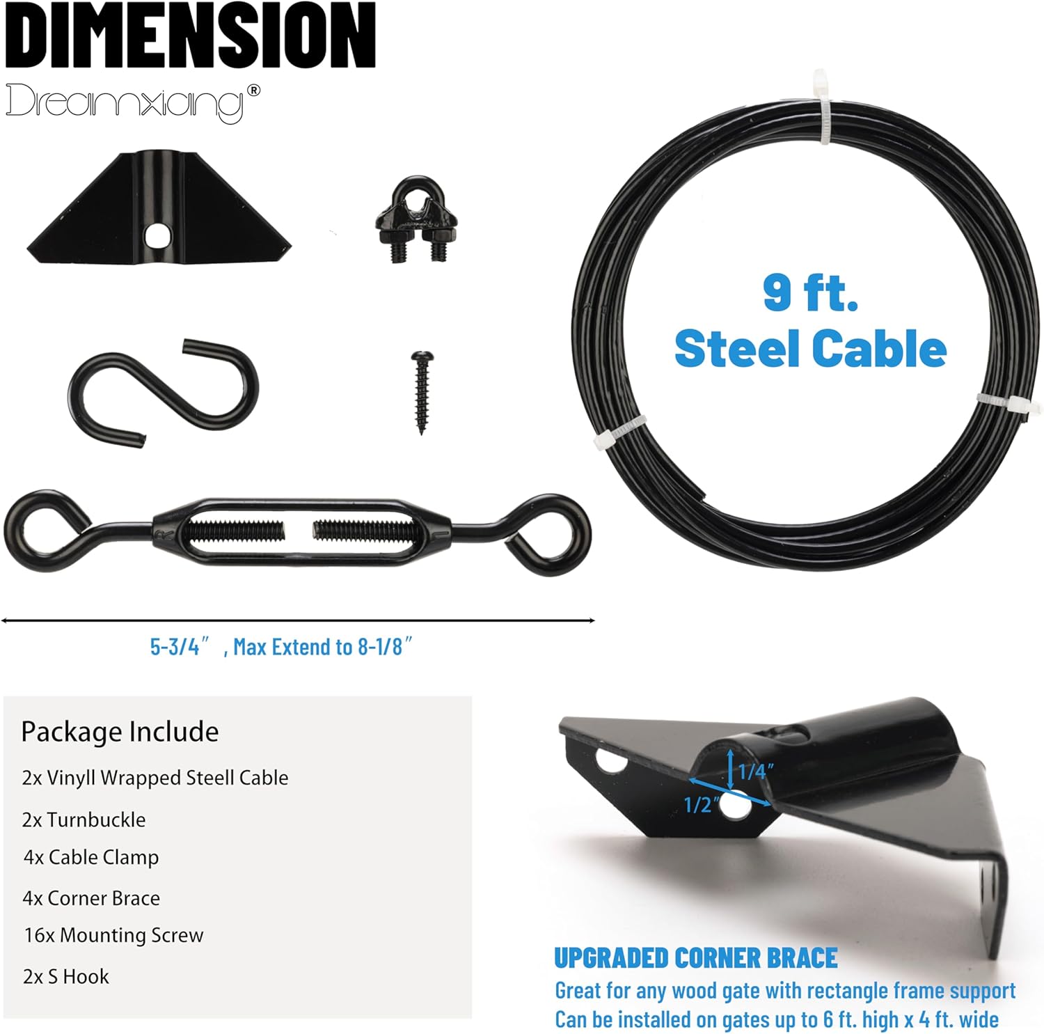 Dreamxiang Anti-Sagging Gate Support Cable Kit for Wooden Fence Gates - 2 Pack Black Steel Hardware Kit for Outdoor Door Repair