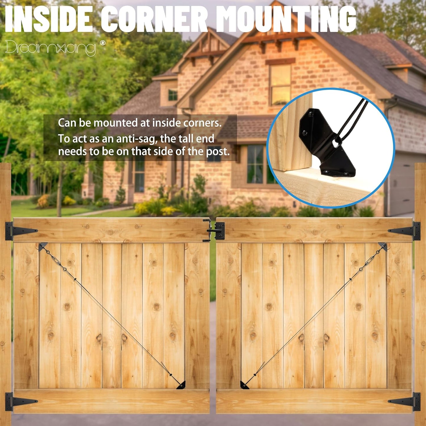Dreamxiang Anti-Sagging Gate Support Cable Kit for Wooden Fence Gates - 2 Pack Black Steel Hardware Kit for Outdoor Door Repair