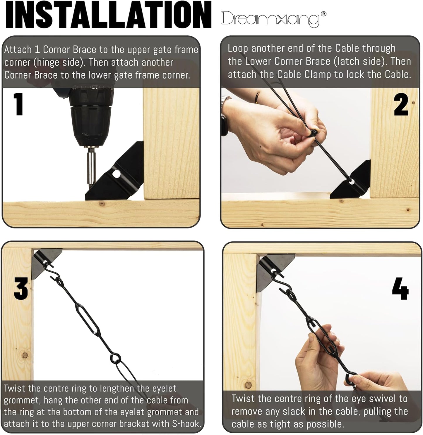 Dreamxiang Anti-Sagging Gate Support Cable Kit for Wooden Fence Gates - 2 Pack Black Steel Hardware Kit for Outdoor Door Repair