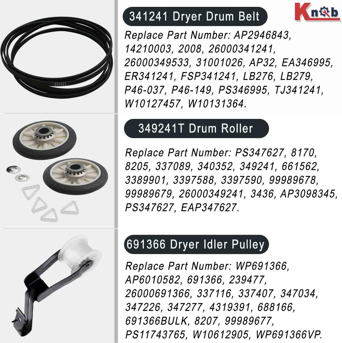 Dryer Repair Kit 4392065 with Belt, Drum Rollers, & Idler Pulley for Whirlpool, Kenmore, Roper, Inglis - Replaces 2014, 587636, 80046