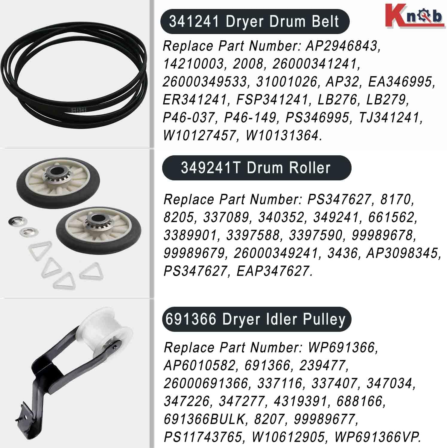Dryer Repair Kit 4392065 with Belt, Drum Rollers, & Idler Pulley for Whirlpool, Kenmore, Roper, Inglis - Replaces 2014, 587636, 80046