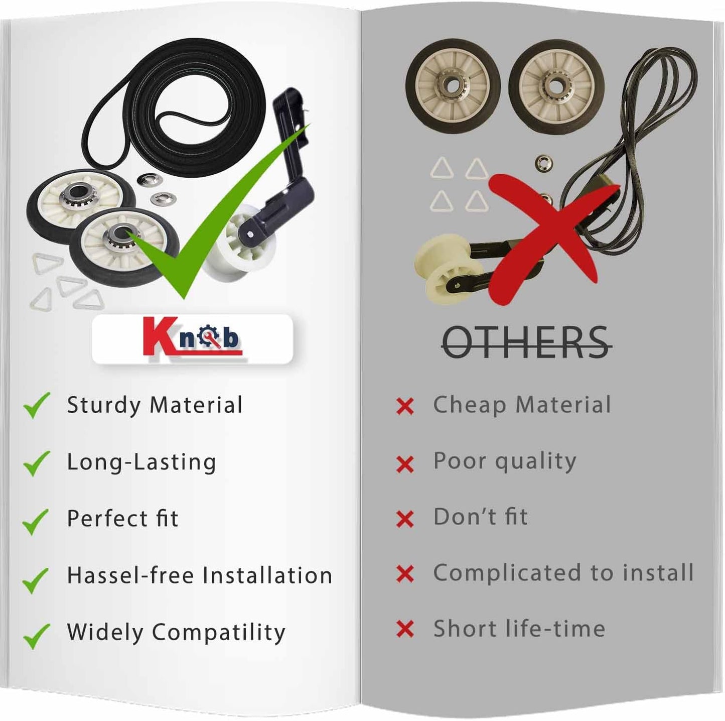 Dryer Repair Kit 4392065 with Belt, Drum Rollers, & Idler Pulley for Whirlpool, Kenmore, Roper, Inglis - Replaces 2014, 587636, 80046