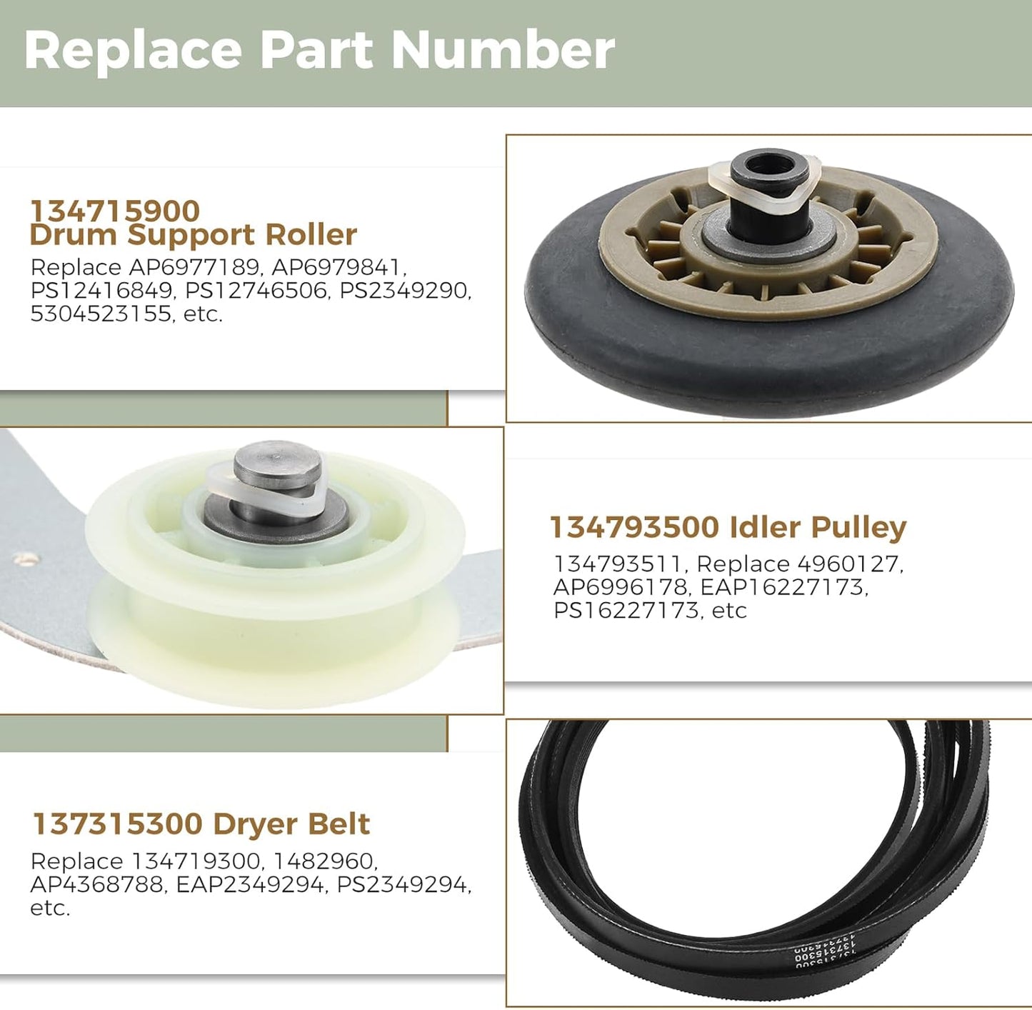 Dryer Repair Kit for Electrolux & Frigidaire - Includes Drum Support Rollers, Belt, and Idler Pulley - MOOTVGOO 134715900, 137315300, 134793500