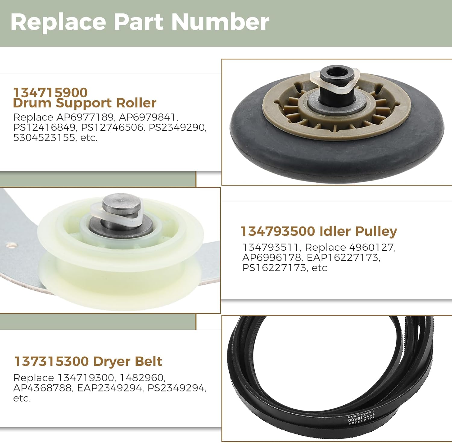 Dryer Repair Kit for Electrolux & Frigidaire - Includes Drum Support Rollers, Belt, and Idler Pulley - MOOTVGOO 134715900, 137315300, 134793500