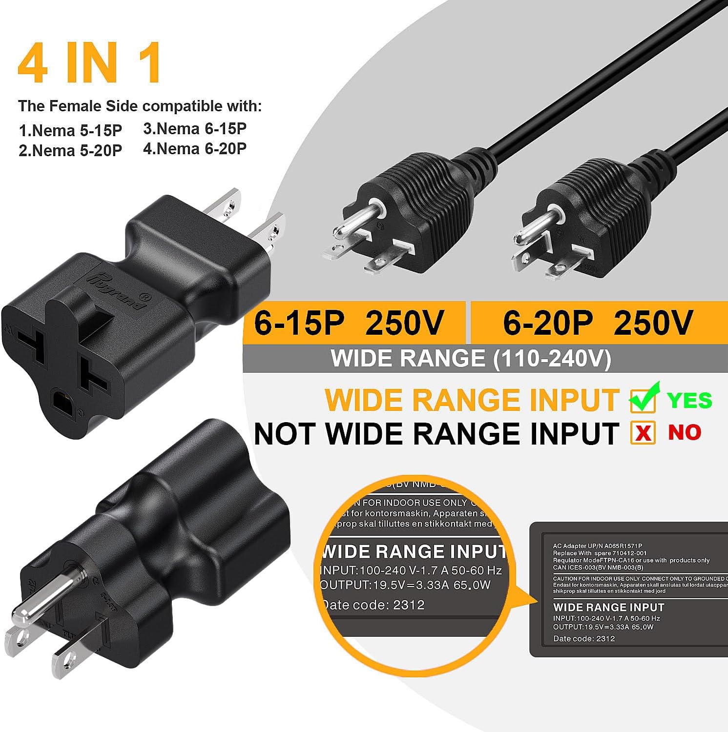 Dual Pack Plugrand 4-in-1 AC Plug Adapter: 15A to 20A, 5-15P to 5-20R, 5-15P to 6-15R, 5-15P to 6-20R - 125V to 250V Conversion