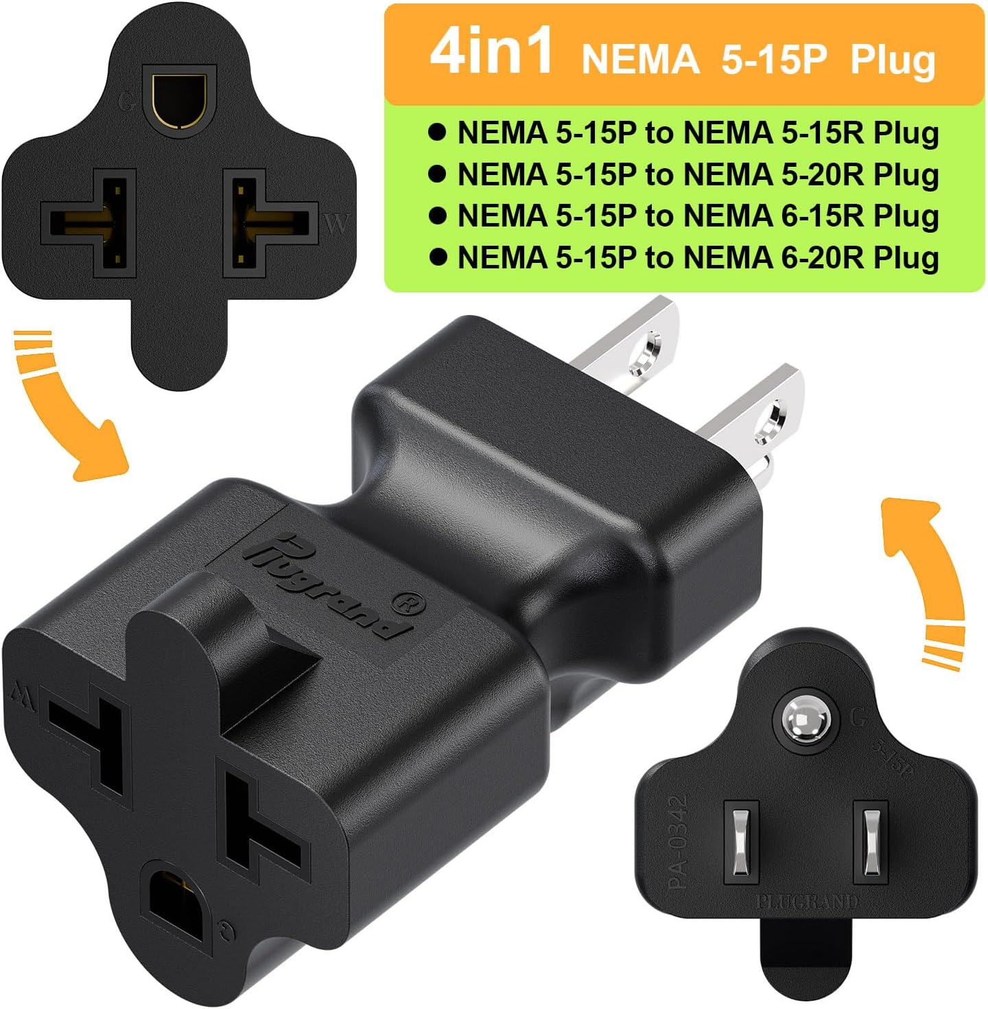 Dual Pack Plugrand 4-in-1 AC Plug Adapter: 15A to 20A, 5-15P to 5-20R, 5-15P to 6-15R, 5-15P to 6-20R - 125V to 250V Conversion
