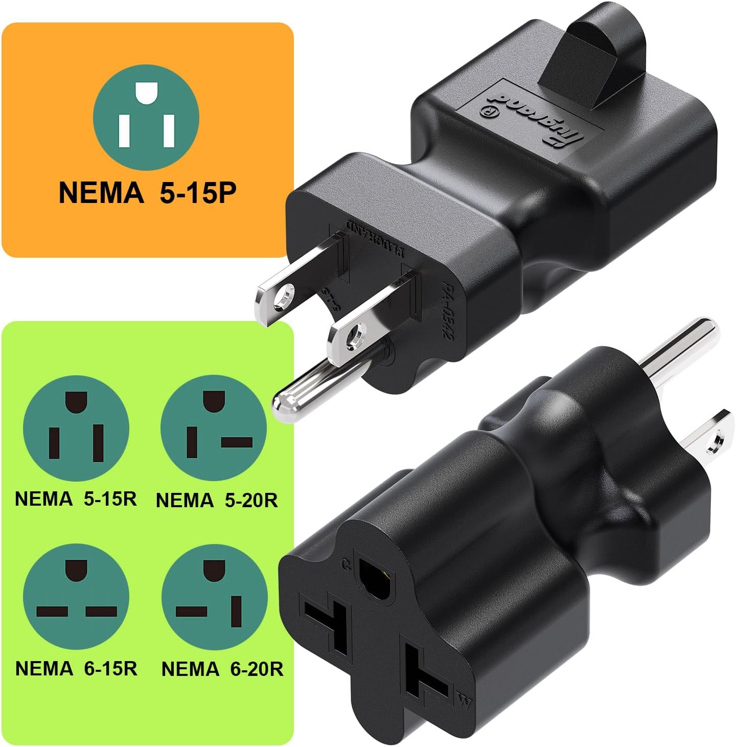 Dual Pack Plugrand 4-in-1 AC Plug Adapter: 15A to 20A, 5-15P to 5-20R, 5-15P to 6-15R, 5-15P to 6-20R - 125V to 250V Conversion