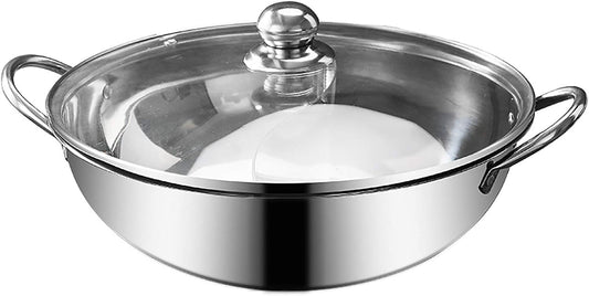 Dual-Sided Electric Hot Pot with Glass Lid, Stainless Steel, 30cm Diameter - Suitable for Induction, Gas, Electric, Ceramic - Leak-Resistant, Stylish Design