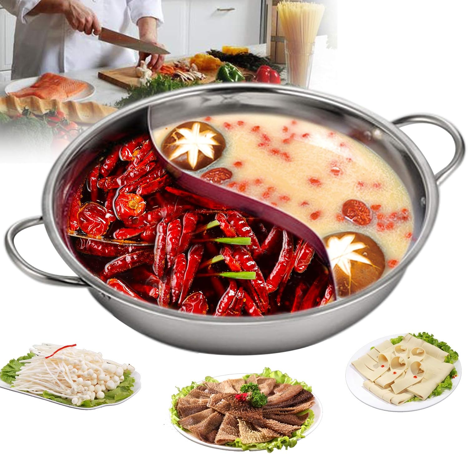 Dual-Sided Electric Hot Pot with Glass Lid, Stainless Steel, 30cm Diameter - Suitable for Induction, Gas, Electric, Ceramic - Leak-Resistant, Stylish Design