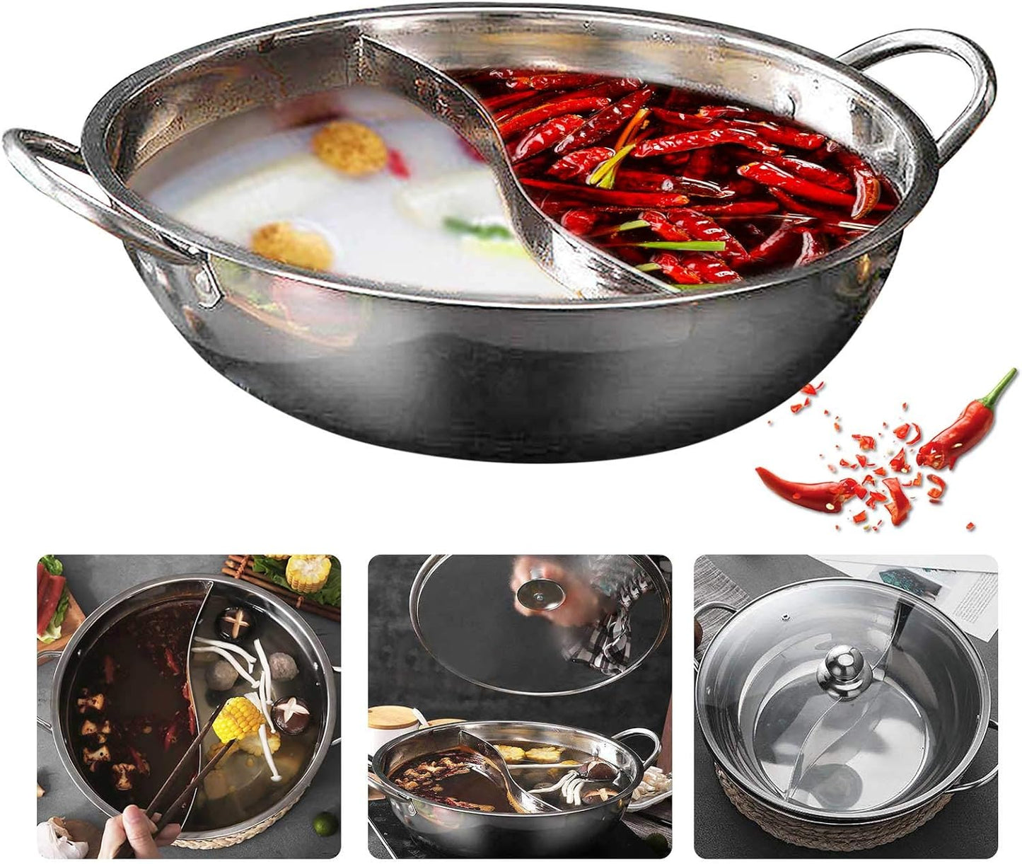 Dual-Sided Electric Hot Pot with Glass Lid, Stainless Steel, 30cm Diameter - Suitable for Induction, Gas, Electric, Ceramic - Leak-Resistant, Stylish Design