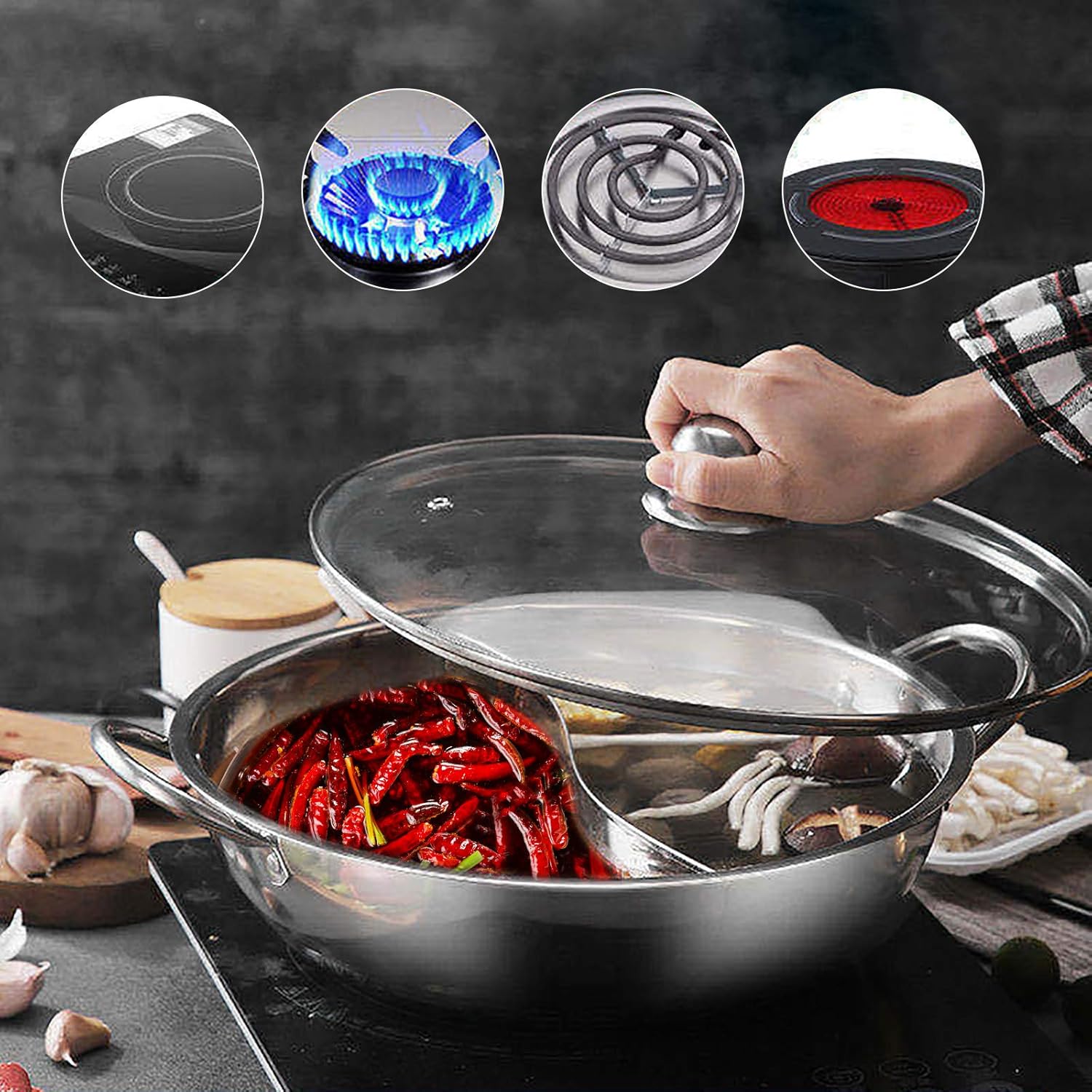 Dual-Sided Electric Hot Pot with Glass Lid, Stainless Steel, 30cm Diameter - Suitable for Induction, Gas, Electric, Ceramic - Leak-Resistant, Stylish Design