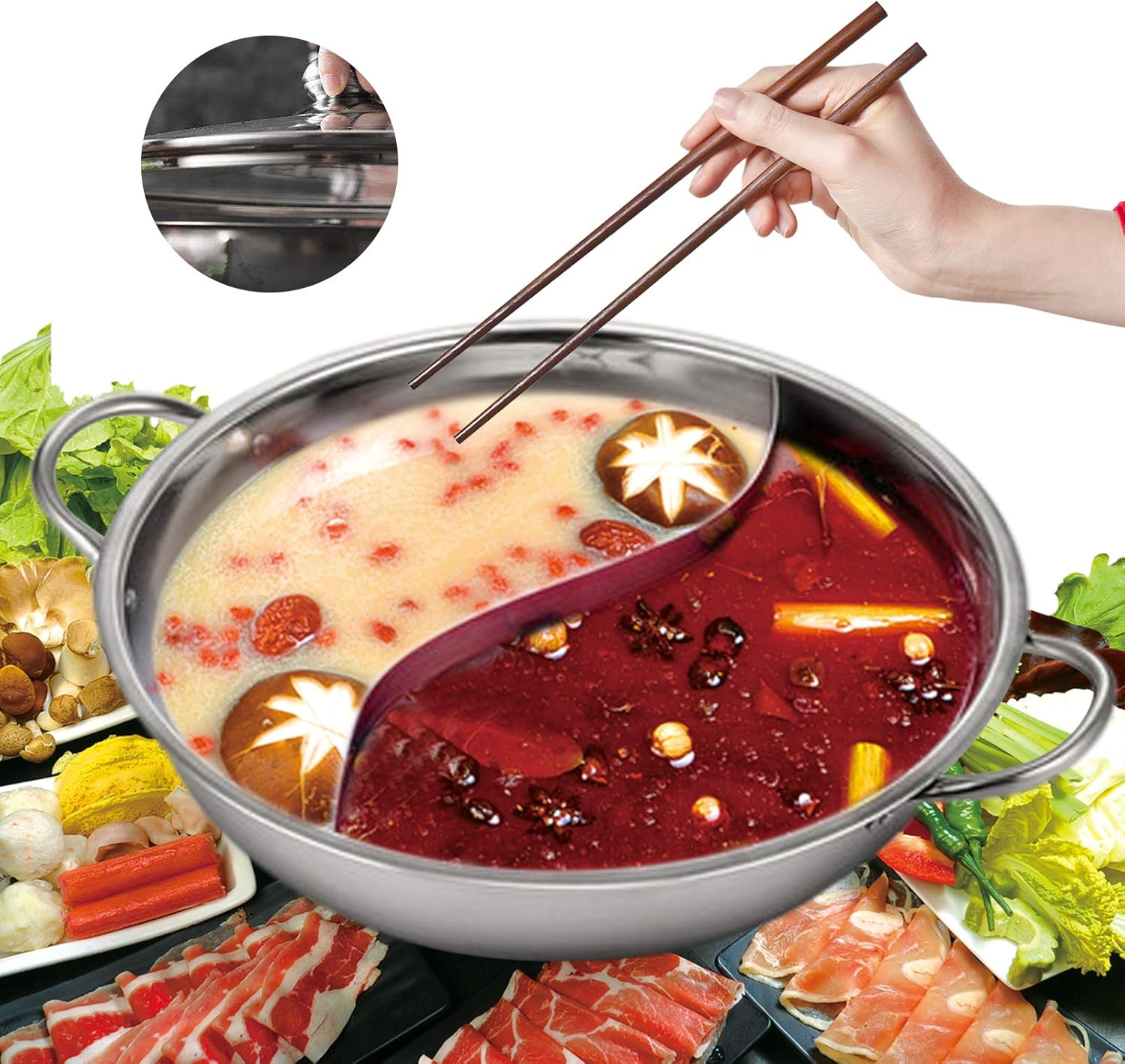 Dual-Sided Electric Hot Pot with Glass Lid, Stainless Steel, 30cm Diameter - Suitable for Induction, Gas, Electric, Ceramic - Leak-Resistant, Stylish Design