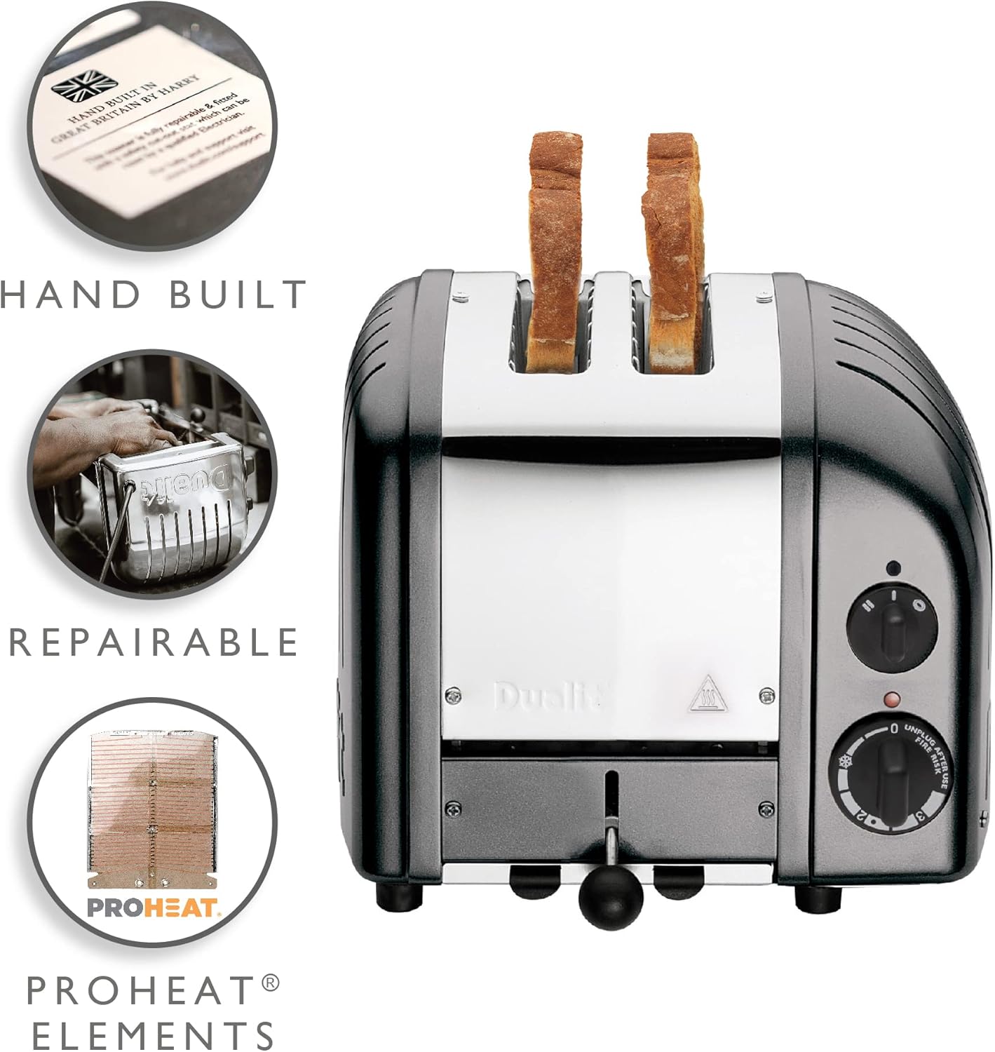 Dualit Classic 2 Slice NewGen Toaster in Stainless Steel with Replaceable ProHeat Elements, Defrost Function, Mechanical Timer, Metallic Charcoal Finish - Hand Built in the UK