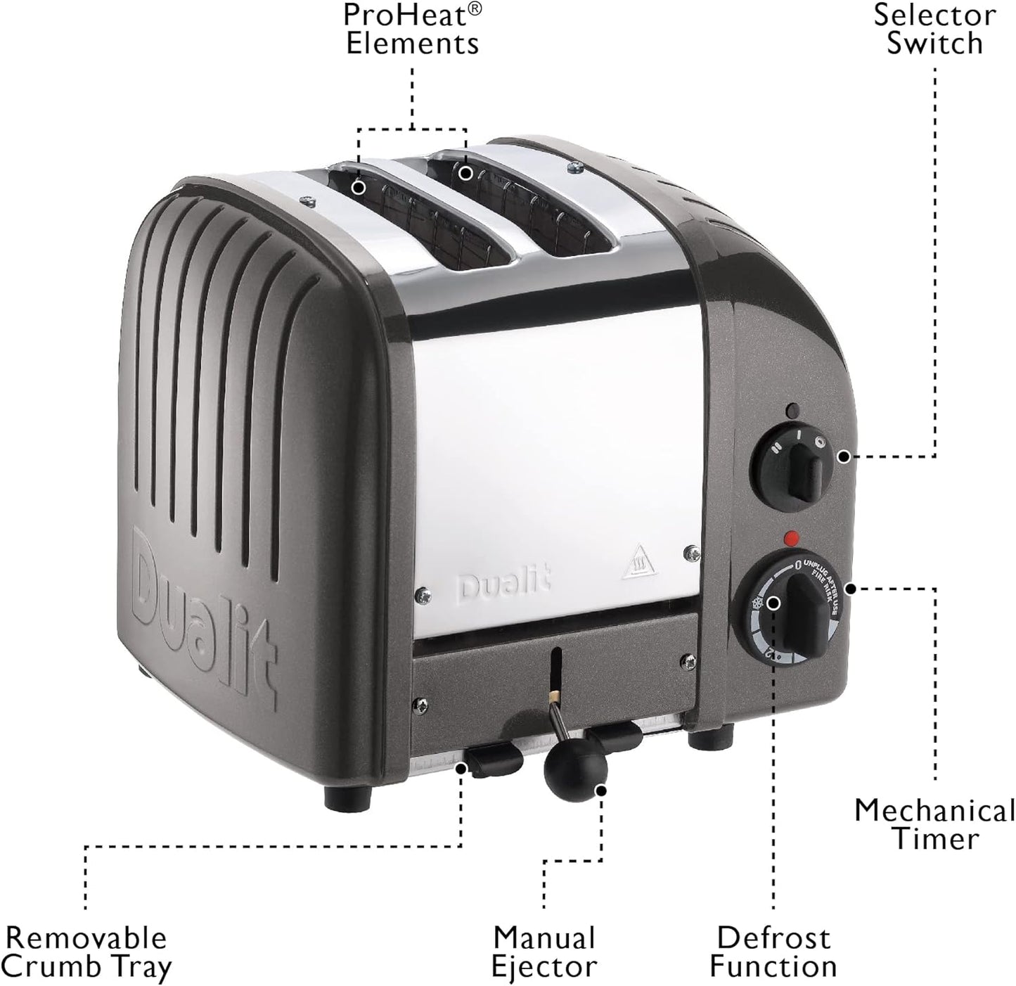 Dualit Classic 2 Slice NewGen Toaster in Stainless Steel with Replaceable ProHeat Elements, Defrost Function, Mechanical Timer, Metallic Charcoal Finish - Hand Built in the UK