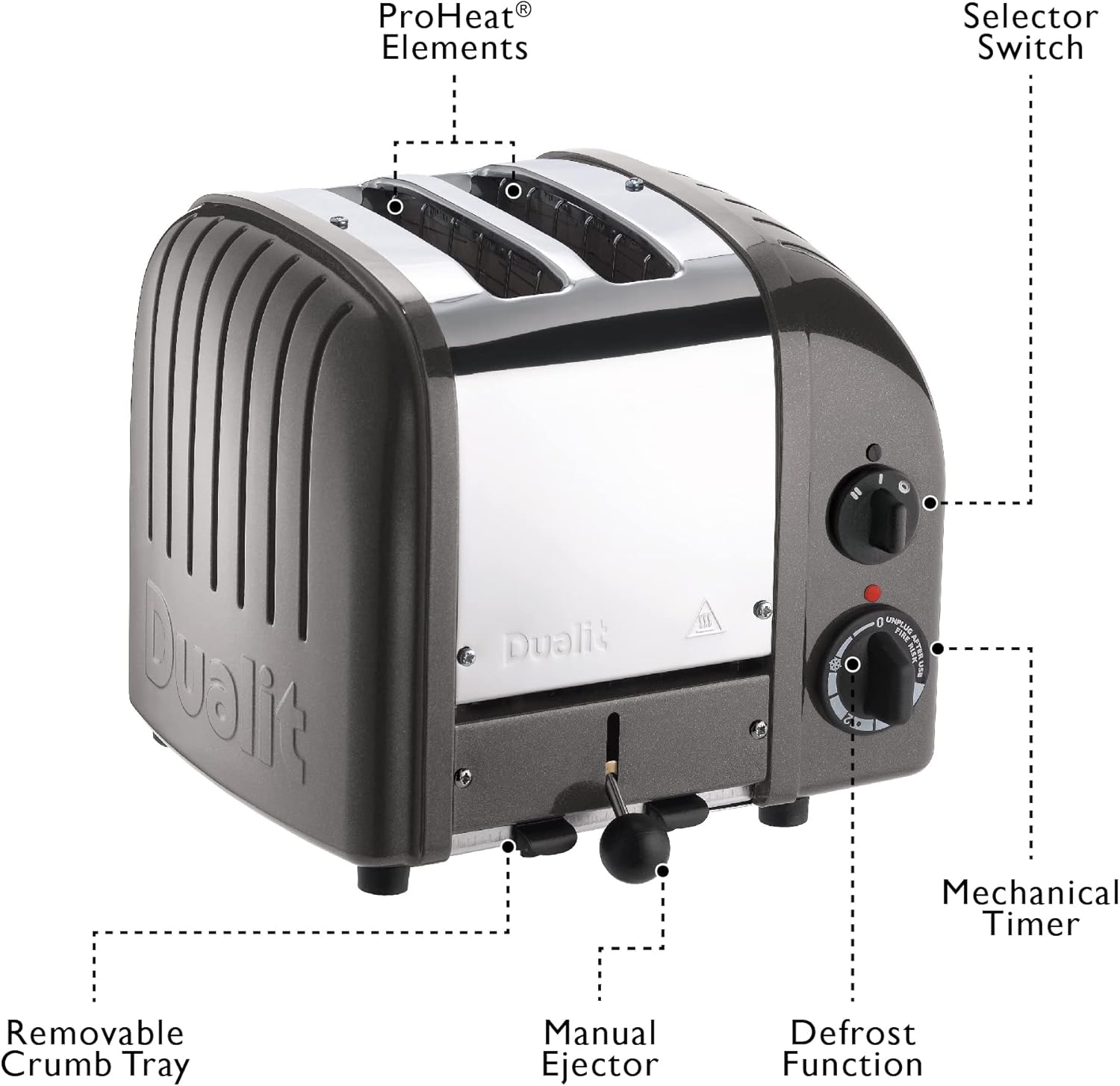 Dualit Classic 2 Slice NewGen Toaster in Stainless Steel with Replaceable ProHeat Elements, Defrost Function, Mechanical Timer, Metallic Charcoal Finish - Hand Built in the UK