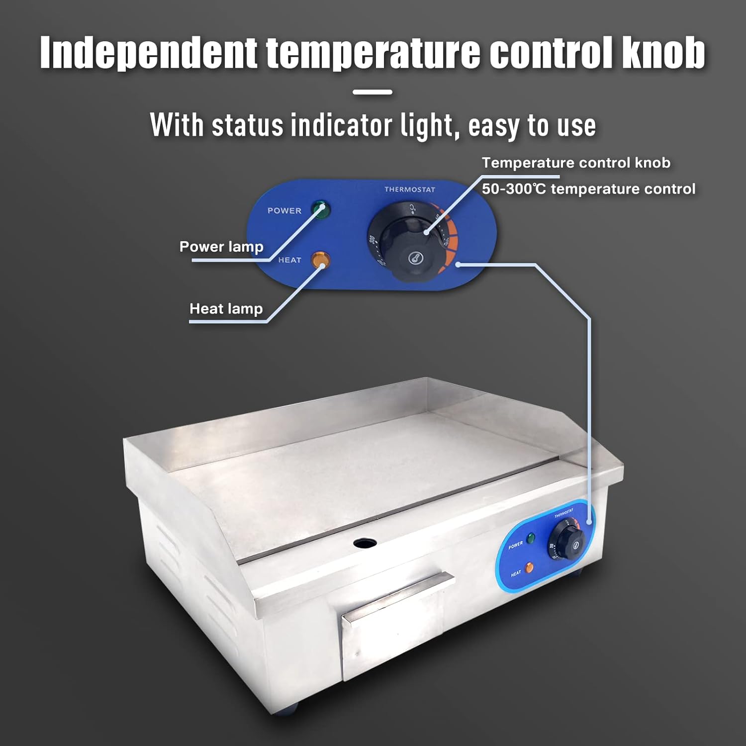 DULONG Stainless Steel Electric Griddle Flat Top Grill with Adjustable Thermostatic Control for Commercial Kitchen BBQ - 1500W 22