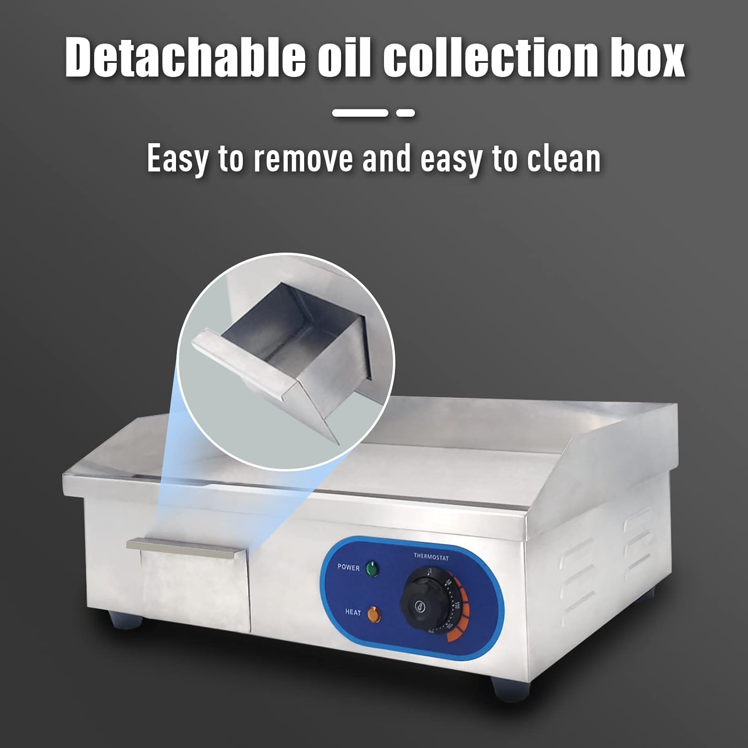 DULONG Stainless Steel Electric Griddle Flat Top Grill with Adjustable Thermostatic Control for Commercial Kitchen BBQ - 1500W 22