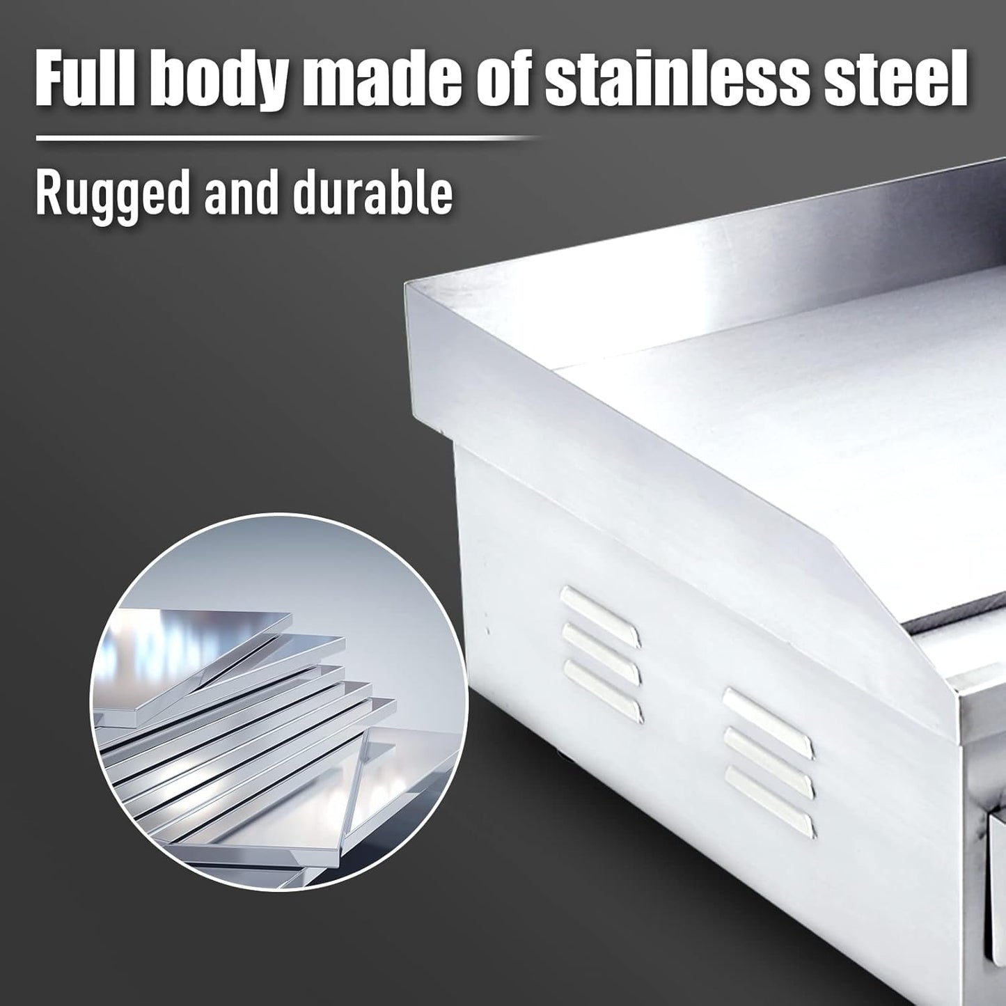 DULONG Stainless Steel Electric Griddle Flat Top Grill with Adjustable Thermostatic Control for Commercial Kitchen BBQ - 1500W 22