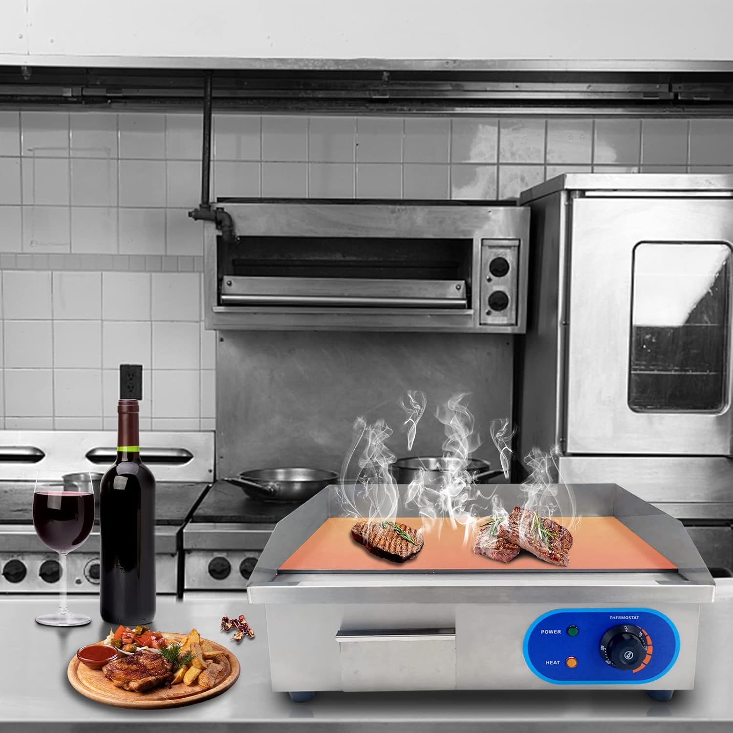 DULONG Stainless Steel Electric Griddle Flat Top Grill with Adjustable Thermostatic Control for Commercial Kitchen BBQ - 1500W 22