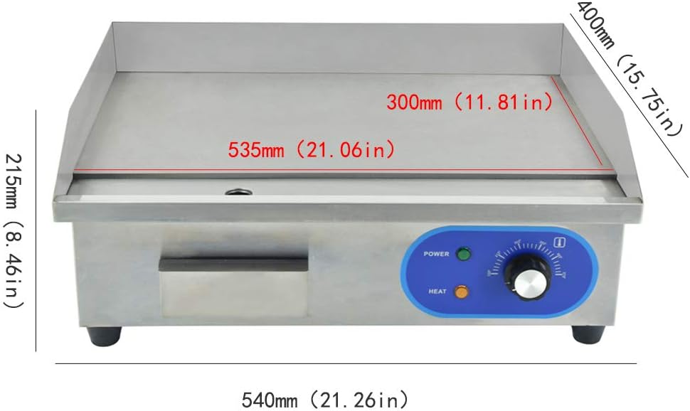 DULONG Stainless Steel Electric Griddle Flat Top Grill with Adjustable Thermostatic Control for Commercial Kitchen BBQ - 1500W 22