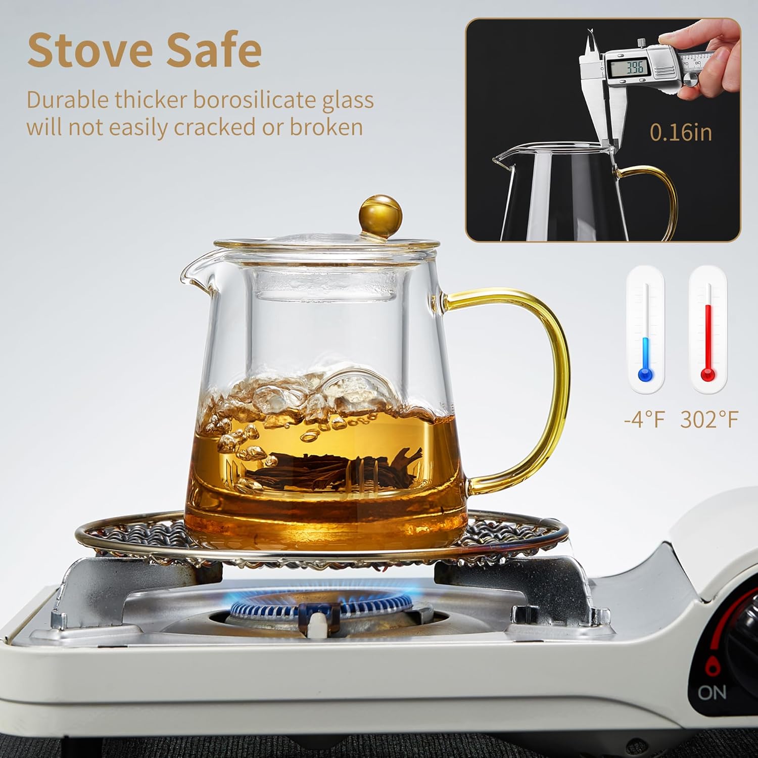Durable Borosilicate Glass Teapot with Infuser, Heat-Resistant, 25 fl oz, Gas Stovetop Safe