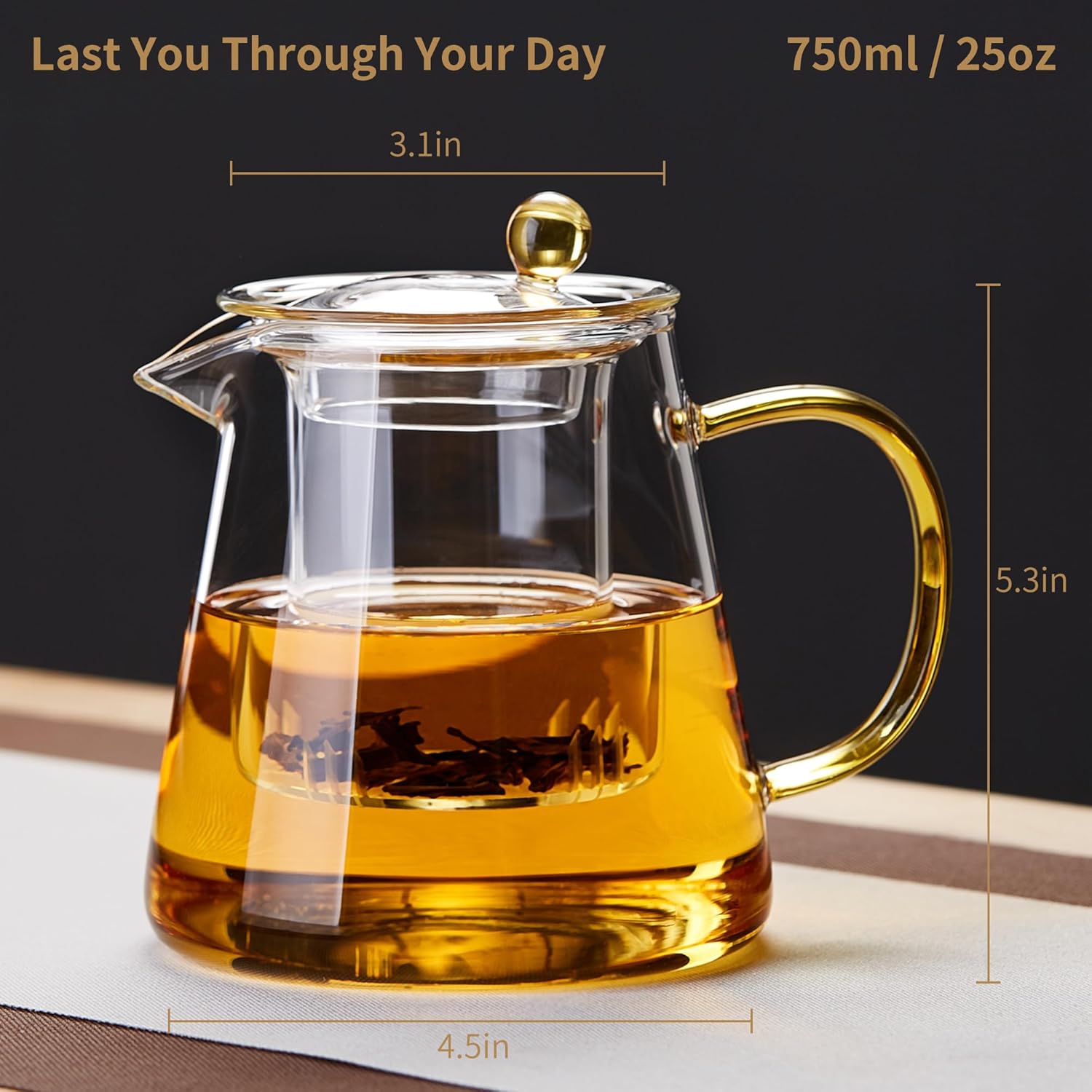 Durable Borosilicate Glass Teapot with Infuser, Heat-Resistant, 25 fl oz, Gas Stovetop Safe