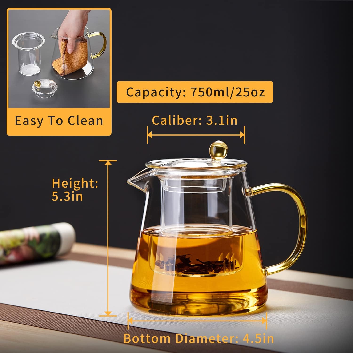 Durable Borosilicate Glass Teapot with Infuser, Heat-Resistant, 25 fl oz, Gas Stovetop Safe