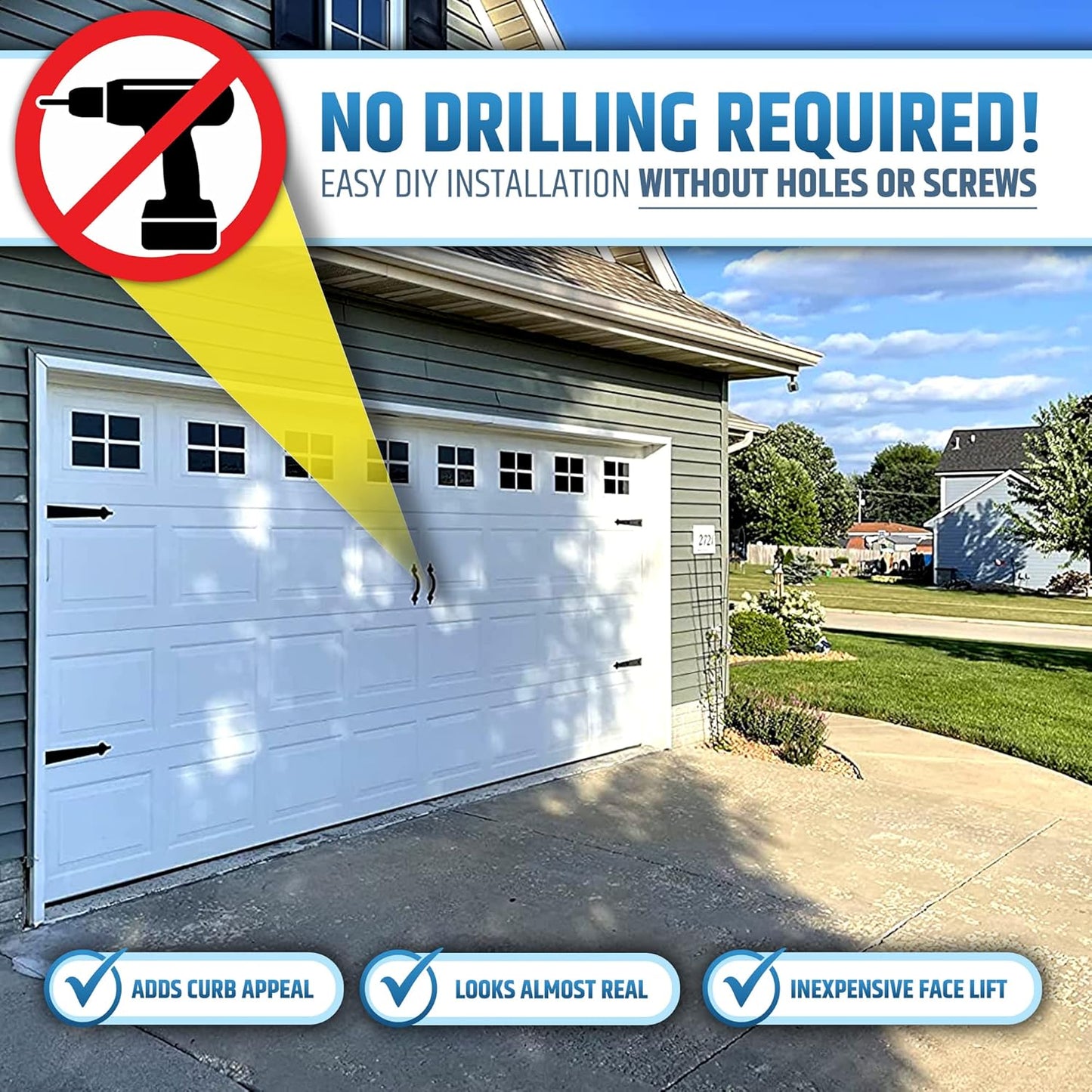 Durable Magnetic Garage Door Hardware Set - 2 Handles + 4 Hinges - Faux Accents Kit for Curb Appeal - Easy to Install & Secure Placement - WildKart