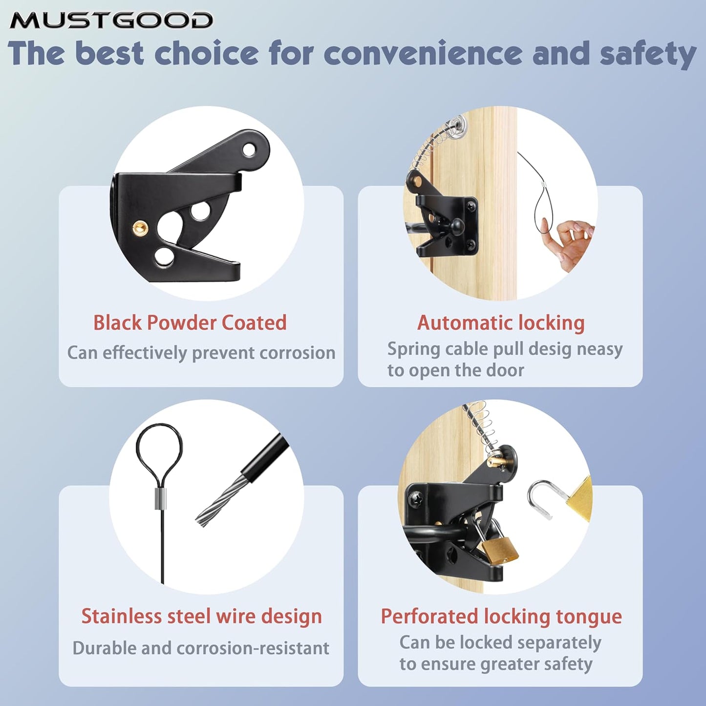 Durable Self-Locking Gate Latch with Stainless Steel Cable Pull for Wood, Vinyl, Aluminum, and Iron Gates