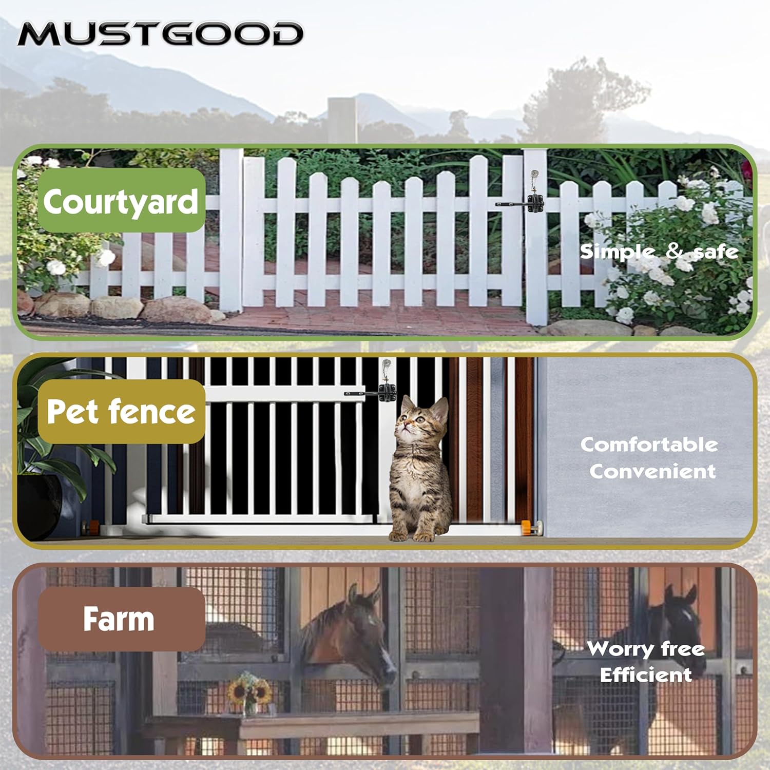 Durable Self-Locking Gate Latch with Stainless Steel Cable Pull for Wood, Vinyl, Aluminum, and Iron Gates
