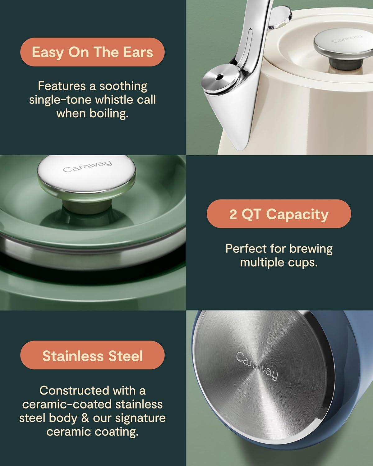 Durable Stainless Steel 2 Quart Whistling Tea Kettle - Fast Boiling Stovetop Pot - Non-Toxic, PTFE & PFOA Free - Sage Green with Pot Holder