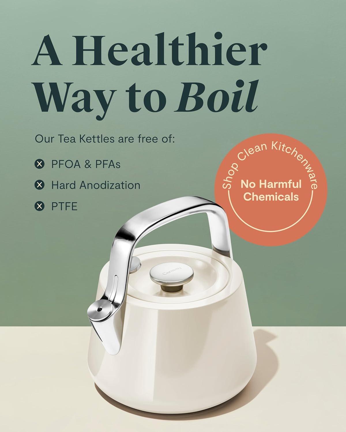 Durable Stainless Steel 2 Quart Whistling Tea Kettle - Fast Boiling Stovetop Pot - Non-Toxic, PTFE & PFOA Free - Sage Green with Pot Holder