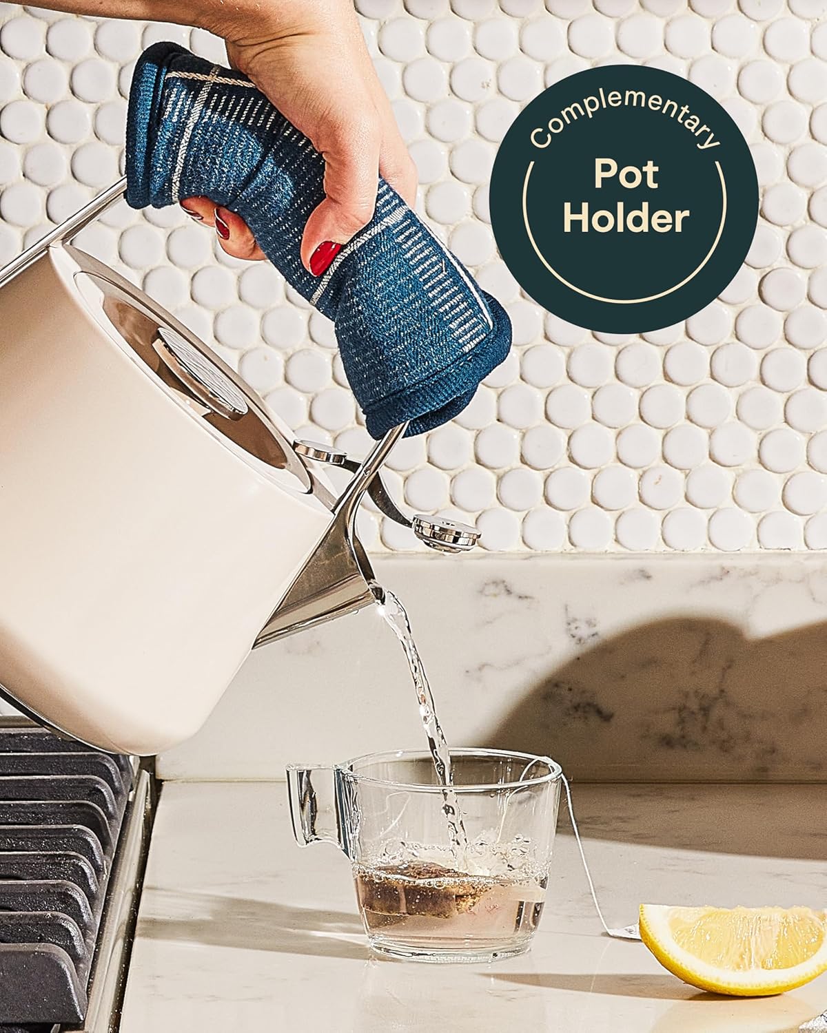 Durable Stainless Steel 2 Quart Whistling Tea Kettle - Fast Boiling Stovetop Pot - Non-Toxic, PTFE & PFOA Free - Sage Green with Pot Holder