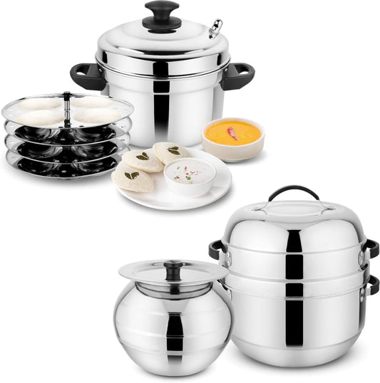 Durable Stainless Steel Idli Maker & Rice Cooker - Fast Heating, 4 Plate Capacity