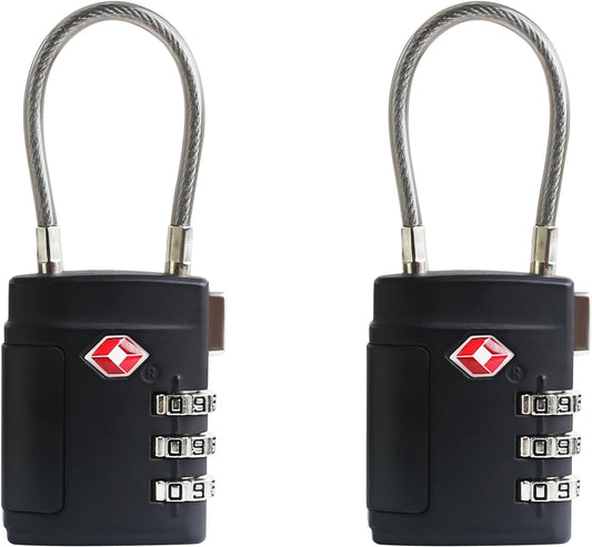 Durable TSA Approved Combination Lock with Cable for Suitcases, Backpacks, Gym Lockers - Travel Essential Security (Black)