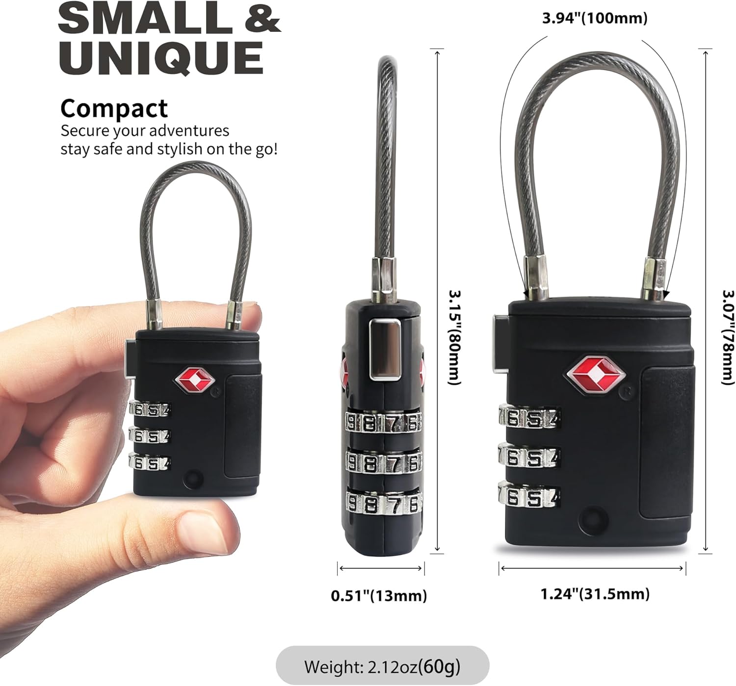 Durable TSA Approved Combination Lock with Cable for Suitcases, Backpacks, Gym Lockers - Travel Essential Security (Black)