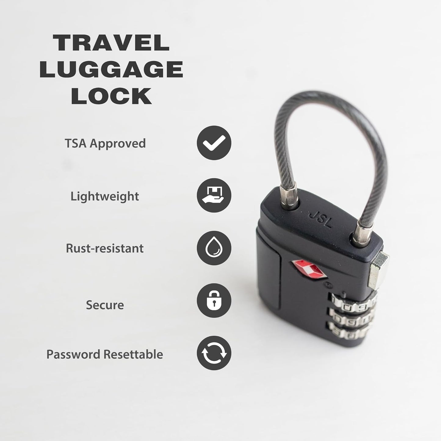 Durable TSA Approved Combination Lock with Cable for Suitcases, Backpacks, Gym Lockers - Travel Essential Security (Black)