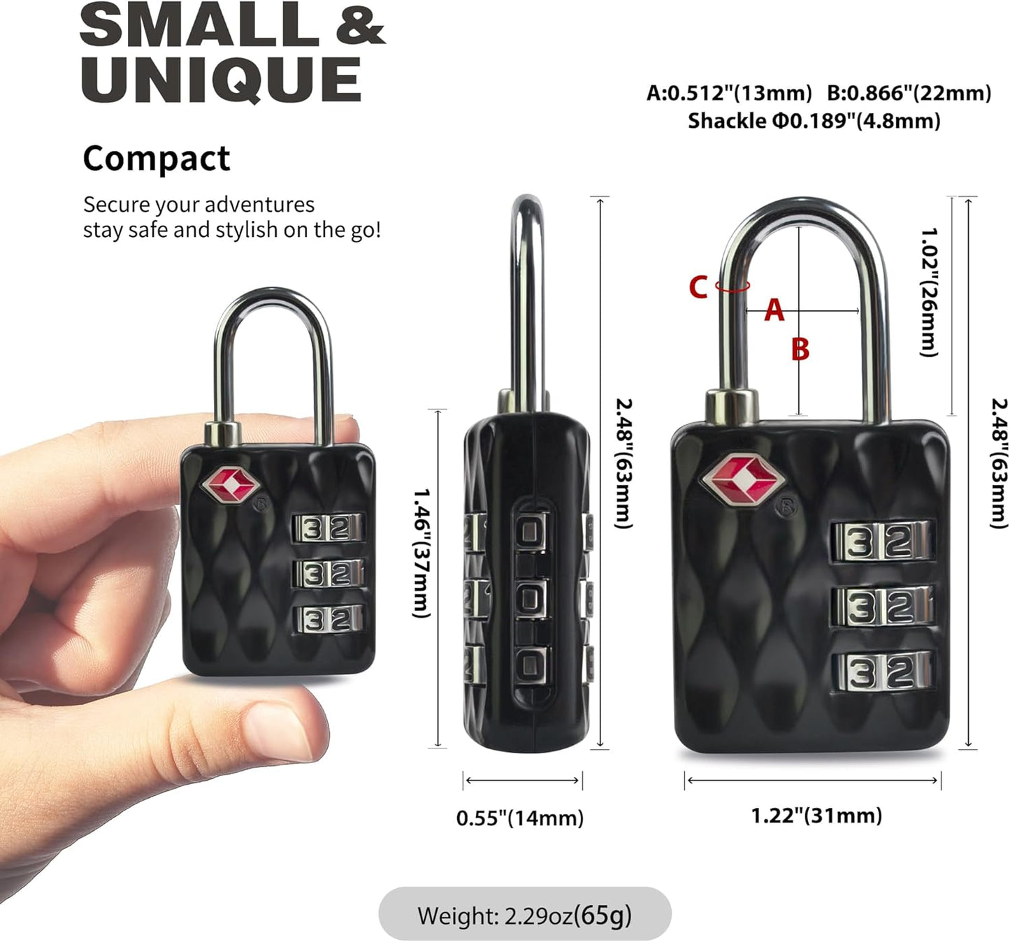 Durable TSA-Approved Combination Padlock for Travel - Resettable Compact Lock for Luggage, Suitcase, Gym Locker - Black+Gray Combo Lock